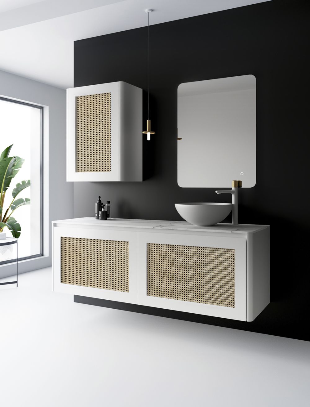 Mueble de baño con 3 estantes en metal y bambú blanco Parnu